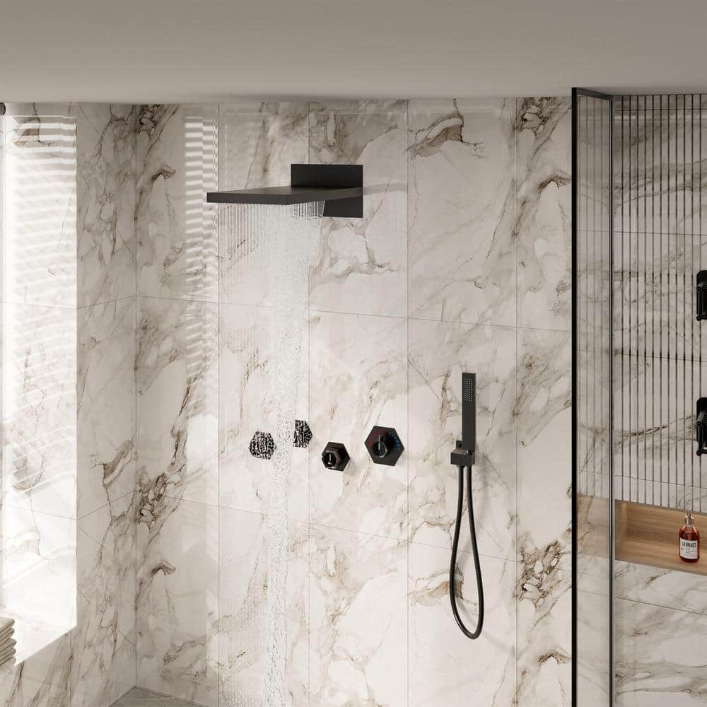 Large Matte Black Dual Shower Head System with LED and Bluetooth Speaker