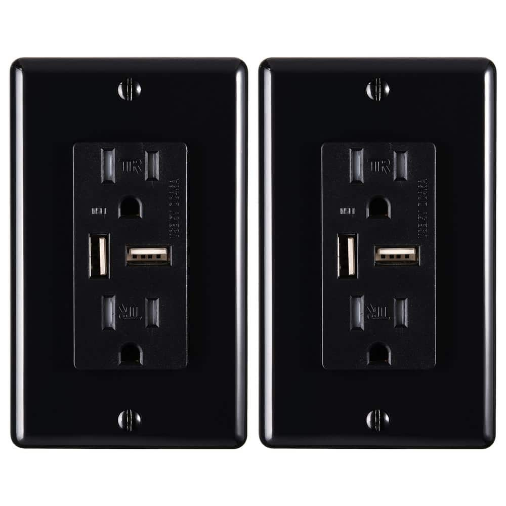 Faith 4.6A USB Outlet and 15A Decorator Tamper-Resistant Duplex Receptacle with Wall Plate, Black, 2-Pack