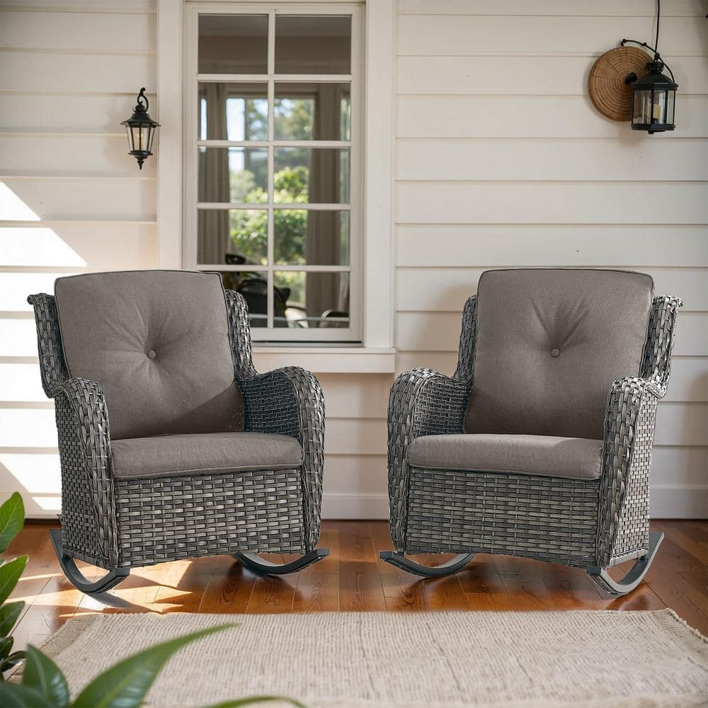 PARKWELL Outdoor Wicker Rocking Chair - Rattan Patio Rocker Chairs with Cushions and Steel Frame - Set of 2 - Gray