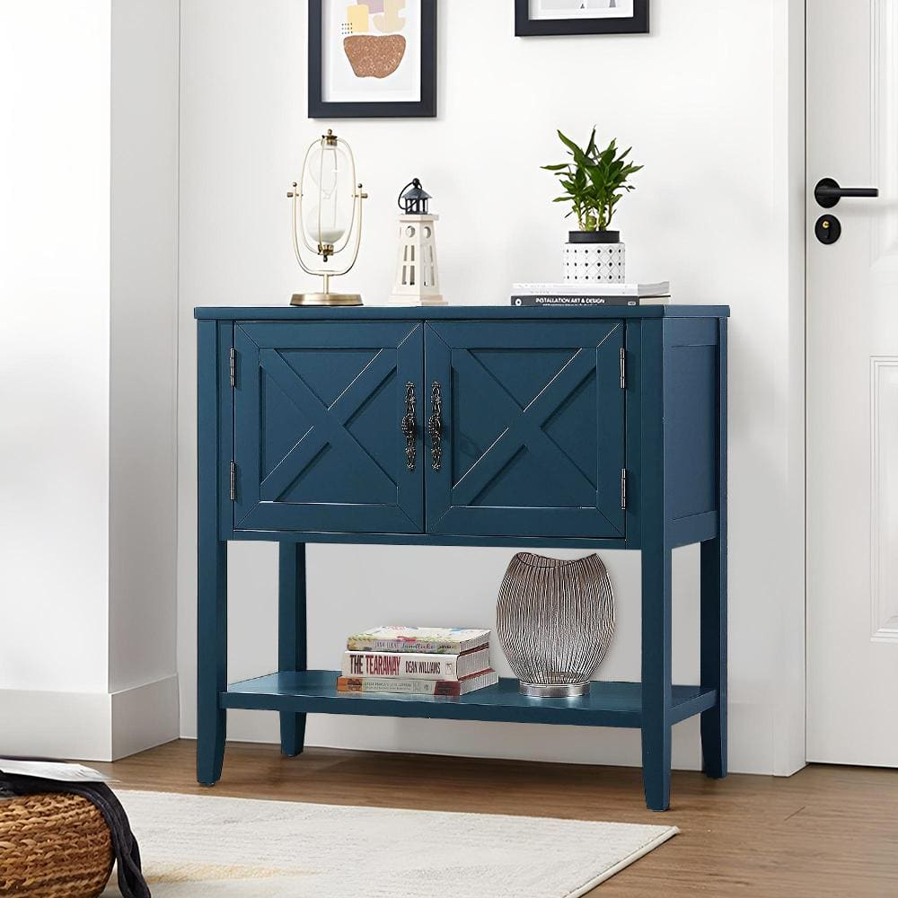 35 in. Blue Farmhouse Wood Buffet Sideboard with Bottom Shelf and 2-Door Cabinet