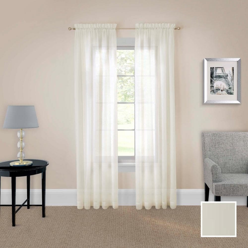 Victoria Ivory Solid Polyester 118 in. W x 63 in. L Sheer Pair Rod Pocket Curtain Panel
