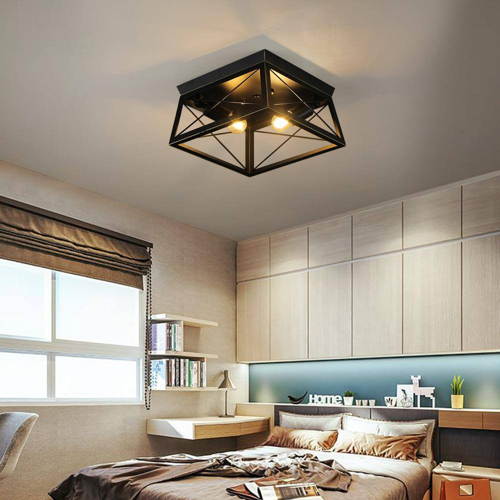 Progress Lighting, Briarwood, 2-Light Flush Mount, Textured Black, Faux-Painted Wood Enclosure