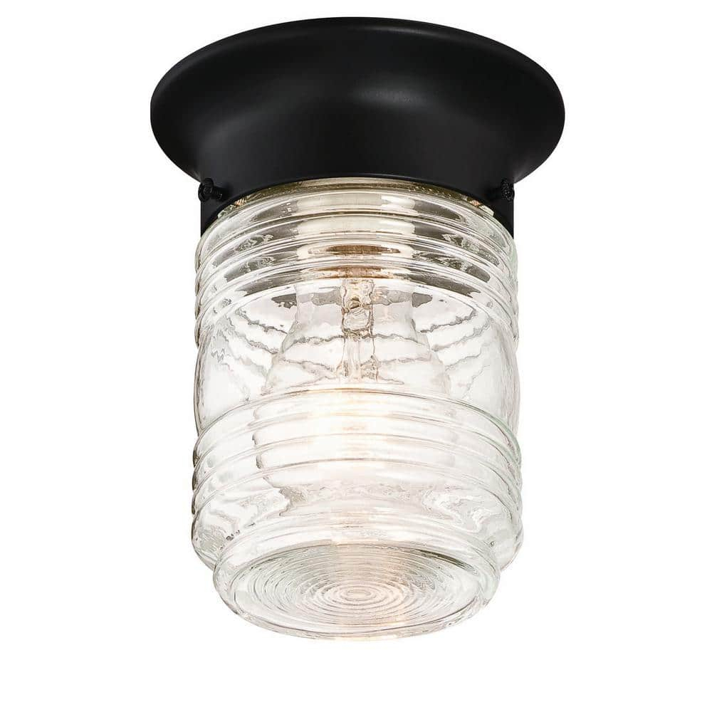Design House Jelly Jar 1-Light Indoor/Outdoor Flush Mount Ceiling Light with Clear Ribbed Glass, Black