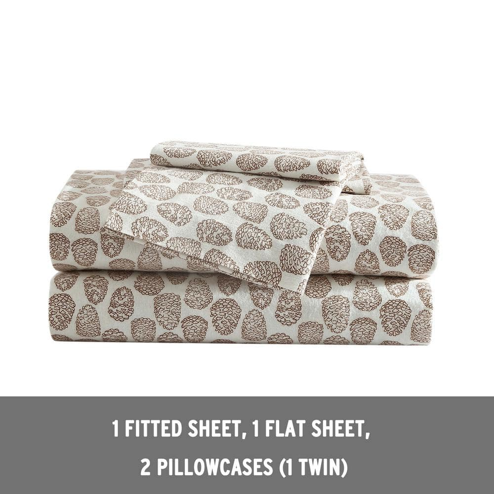 Beige Cotton Flannel Twin Sheet Set with Pine Cone Print