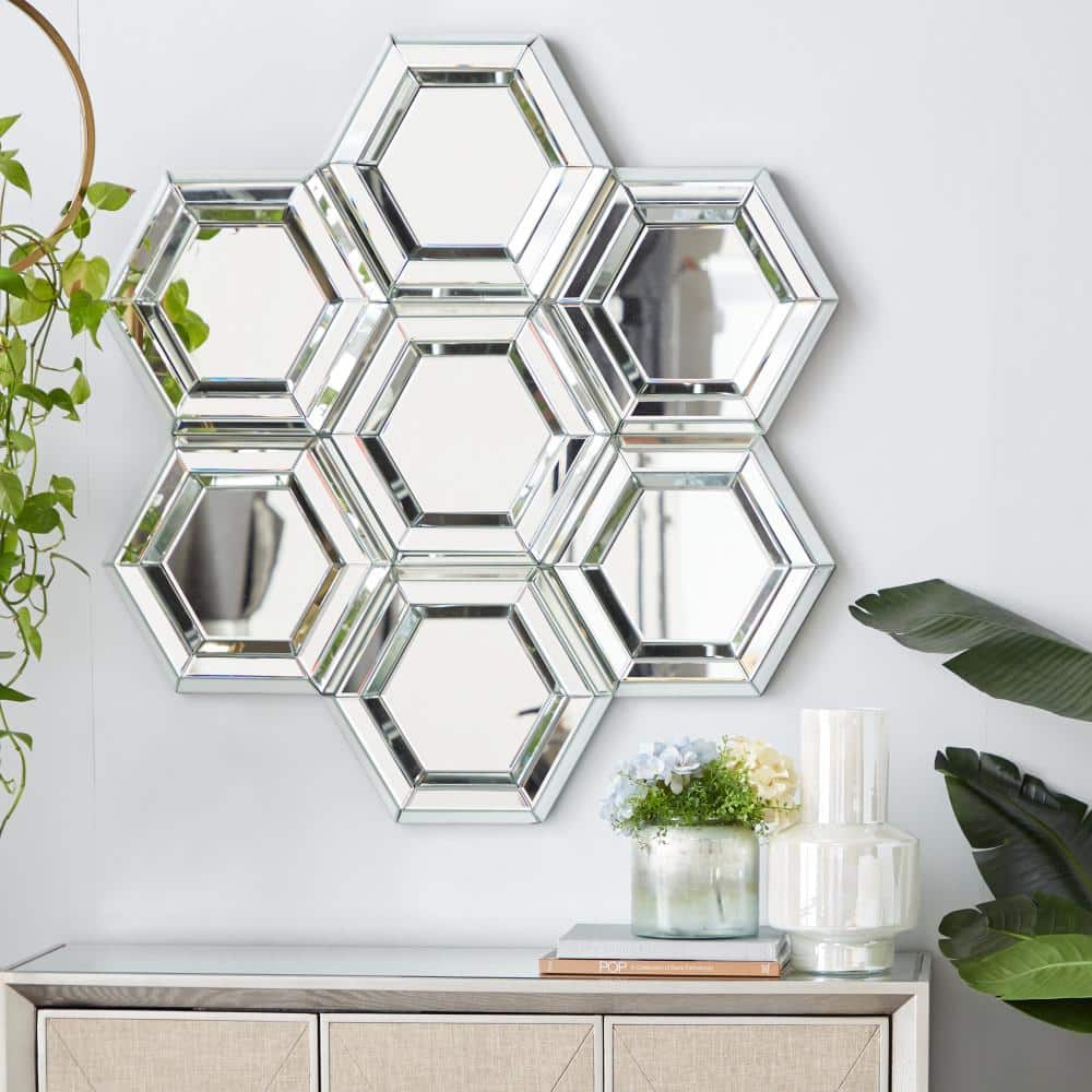 DecMode 39" x 41" Silver Honeycomb Shaped Geometric Wall Mirror