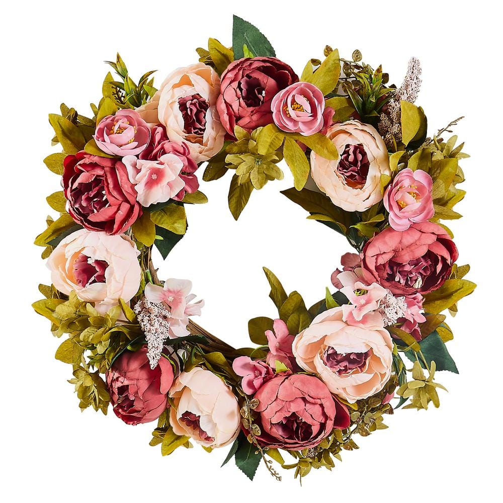 VEVOR Spring Wreath for Front Door 19 Inch - Artificial Peony Floral Wreath with Greenery, Year-Round All Season Outdoor Indoor Decor