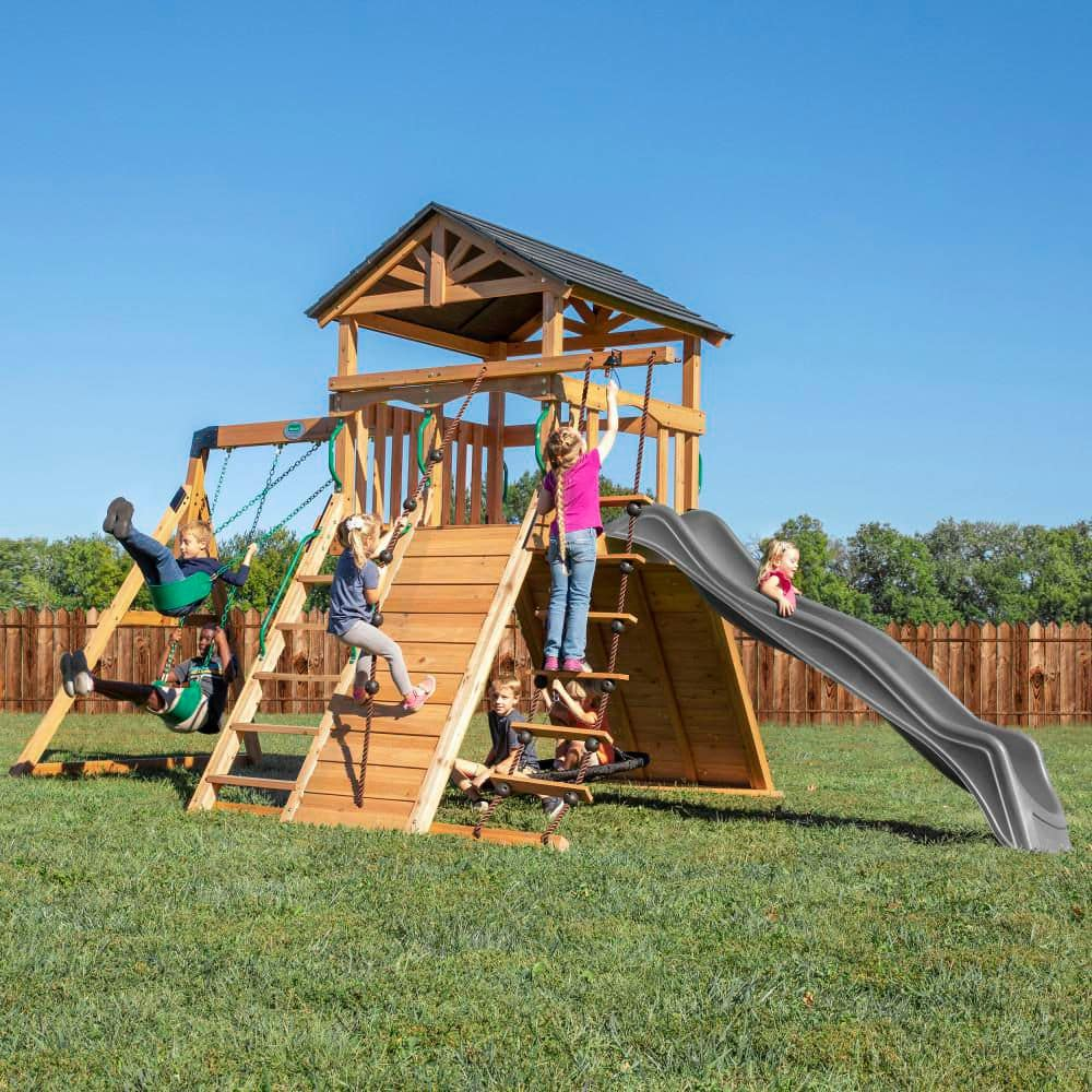 Backyard Discovery Endeavor Cedar Wood Swing Set, Slide, Play Deck, Rock Wall, Rope Ladder