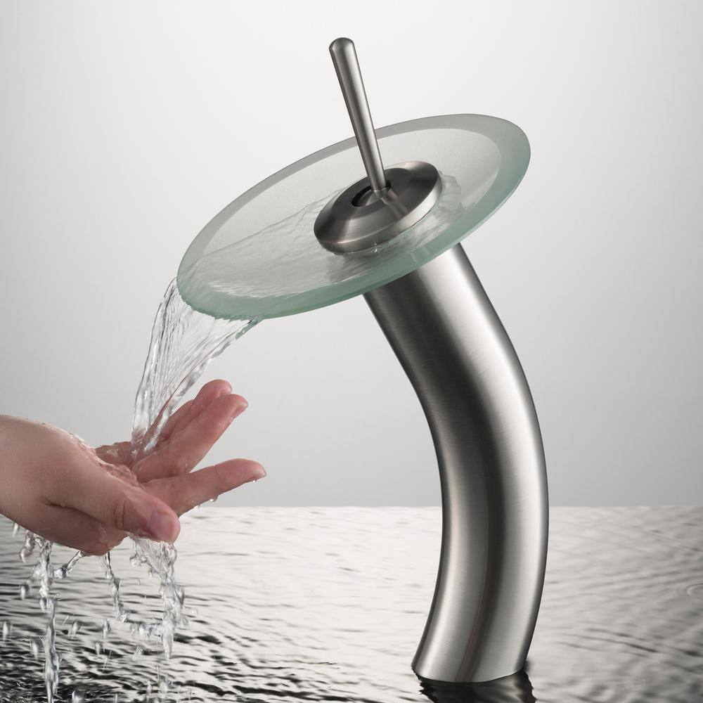 KRAUS Tall Waterfall Bathroom Faucet for Vessel Sink with Frosted Glass Disk and Pop-Up Drain, Satin Nickel Finish