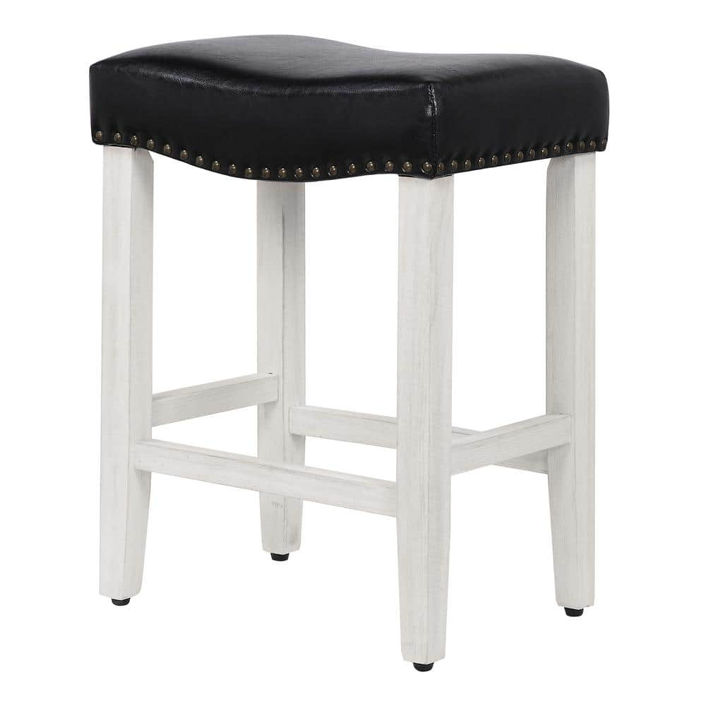 Jameson 24 in Counter Height Antique White Wood Backless Nailhead Barstool, Upholstered Black Faux Leather Saddle Seat