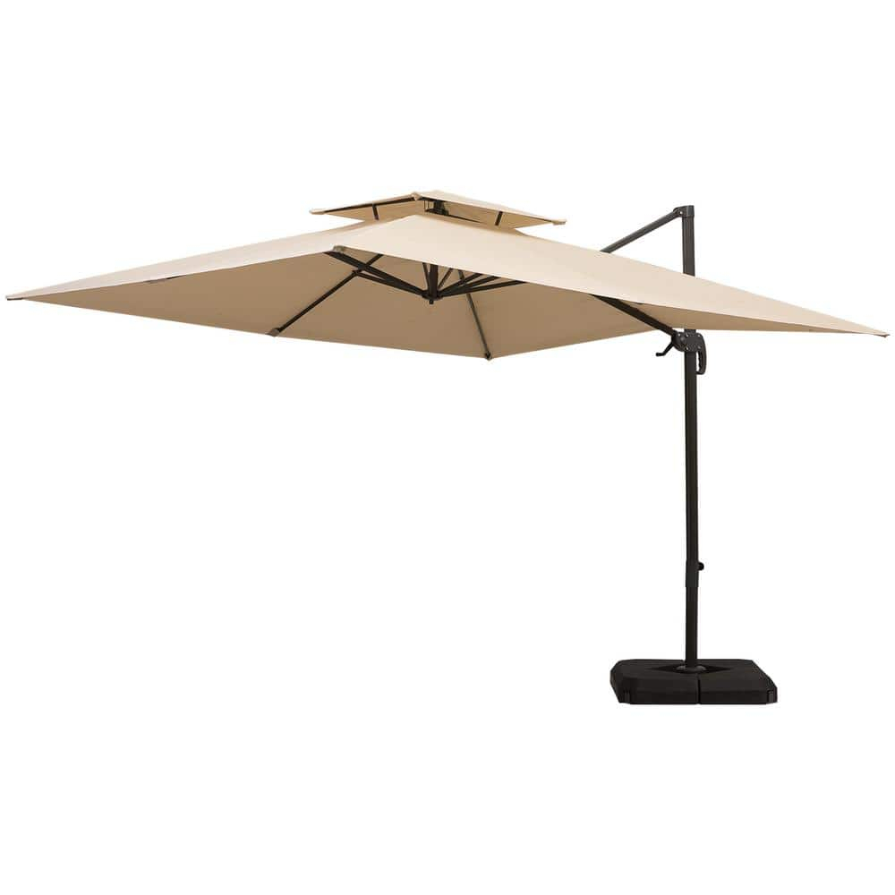 Outsunny 10ft Offset Patio Umbrella with Base, Double Top Hanging Aluminum Cantilever Umbrella with 360-degree Rotation, Easy Tilt, 8 Ribs, Crank, Cross Base, Cover, Strap