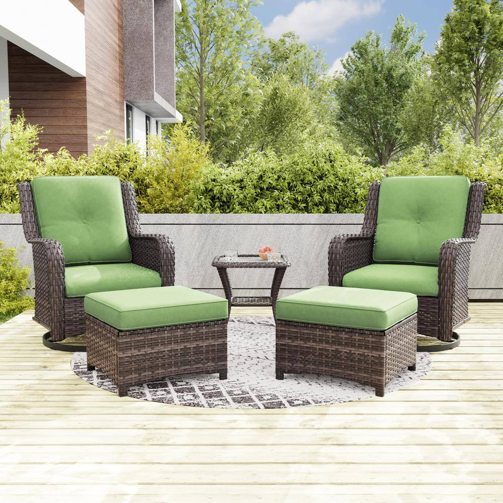 MeetLeisure 5 Pieces Outdoor Furniture Patio Furniture Set with Two Swivel Rocking Chairs,Two Ottomans, One Side Table, Green