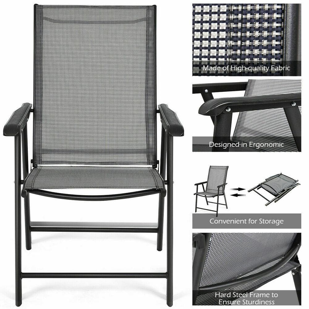 Gray and Black Steel Folding Patio Dining Chairs with Armrests, Set of 2