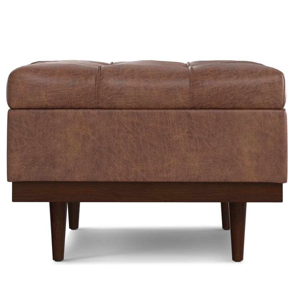 Simpli Home Mariah 34 inch Wide Contemporary Rectangle Coffee Table Storage Ottoman in Distressed Saddle Brown Vegan Faux Leather