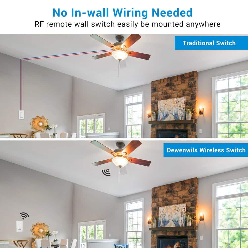 DEWENWILS Wireless Light Switch and Receiver Kit, 10A/1200W, No in-Wall Wiring Required,Remote Control Wall Switch Lighting Fixture for Ceiling Lights, Fans, Lamps,100 Ft RF Range, Programmable