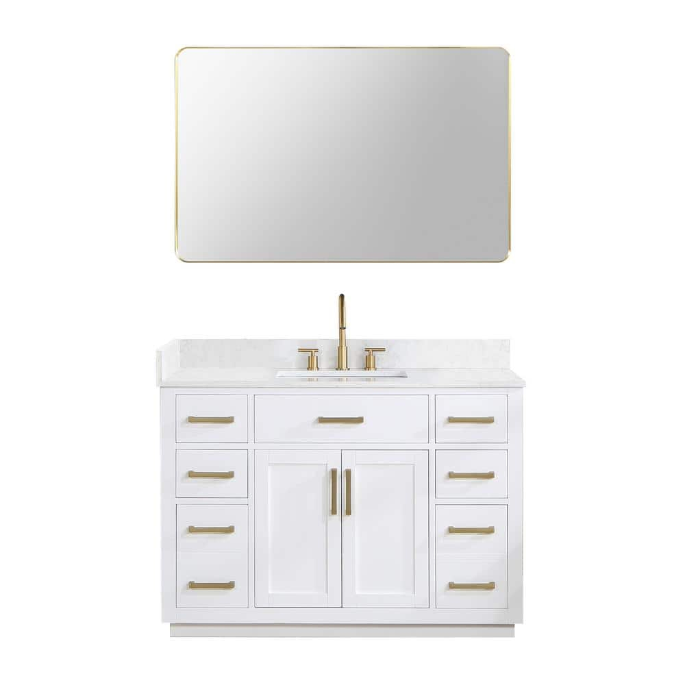 Gavino 48" Wood Vanity in White with Grain White Composite Stone Top and Mirror