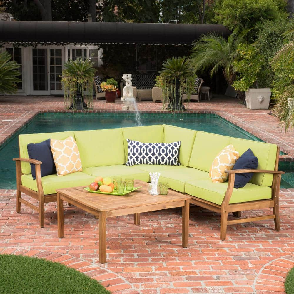 Hermosa 6 Piece Outdoor Acacia Wood Chat Set with Cushions, Teak Finish, Green