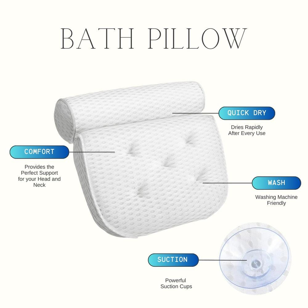 Quick-Dry Neck Shoulder & Back Support Bath White Pillow - Bathtub Spa Cushion