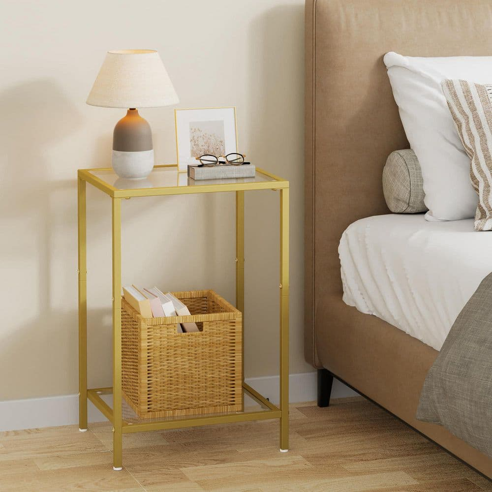 15 in. Gold Metal and Glass Rectangle End Table with 2-Tier Storage