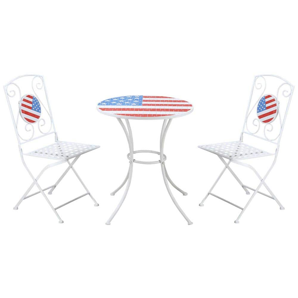 Outsunny 3 Piece Patio Bistro Set, Folding Outdoor Furniture with USA Mosaic Table and Chairs for 4th of July, Balcony, American Flag