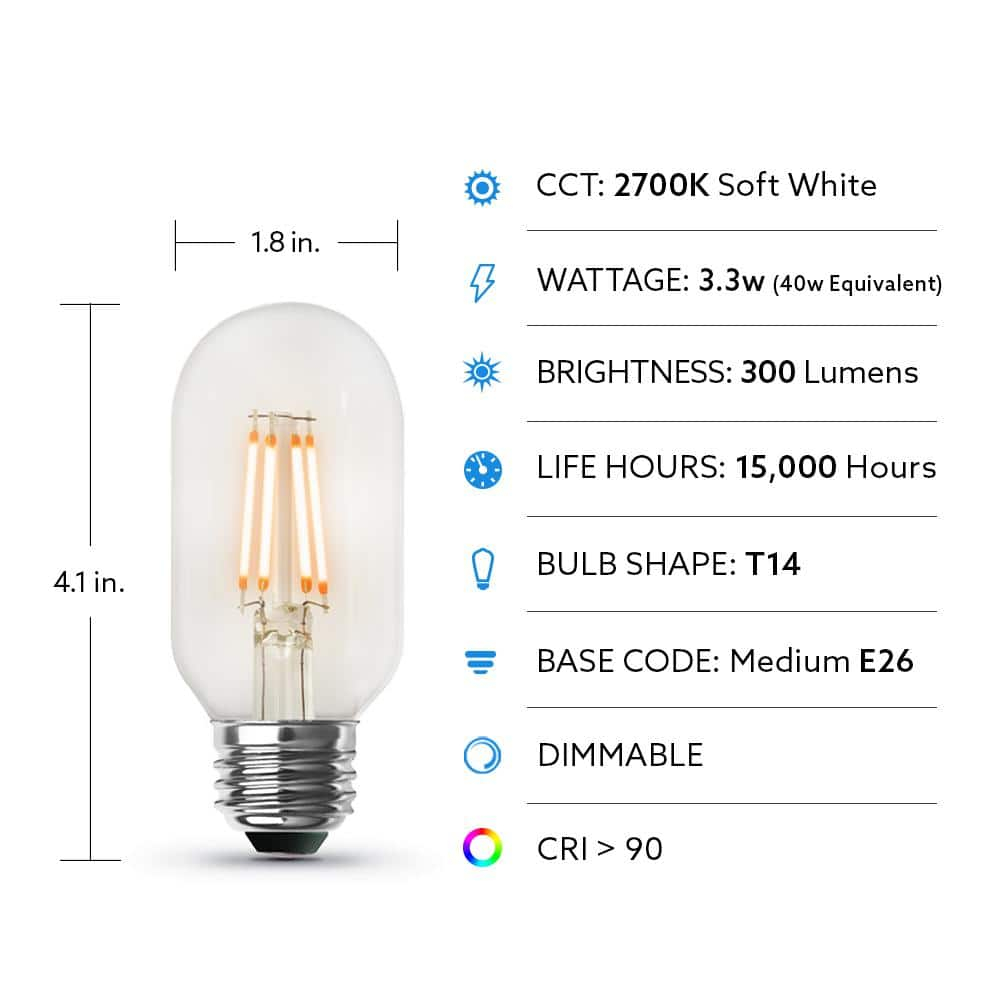 40-Watt Equivalent T14 Dimmable Straight Filament Clear Glass E26 Vintage Edison LED Light Bulb Soft White 2700K(4-Pack)