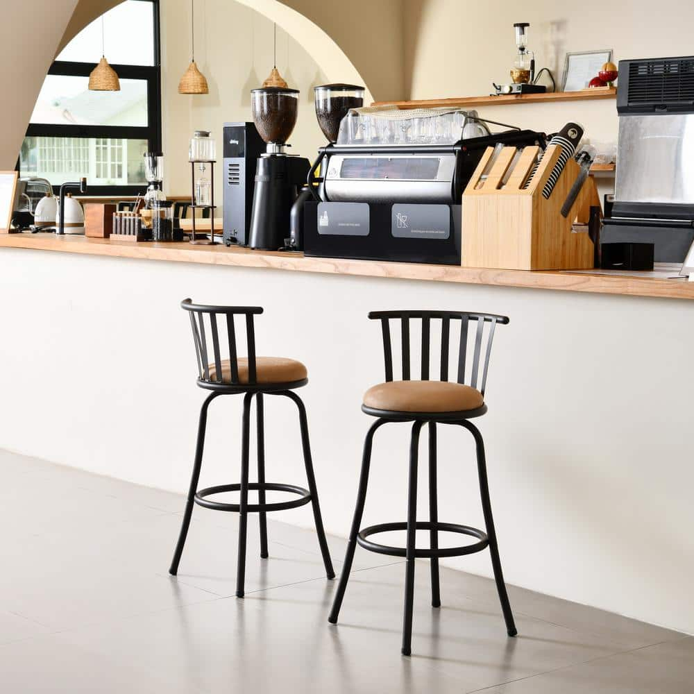 Camel Brown Metal Swivel Bar Stool with Microsuede Seat