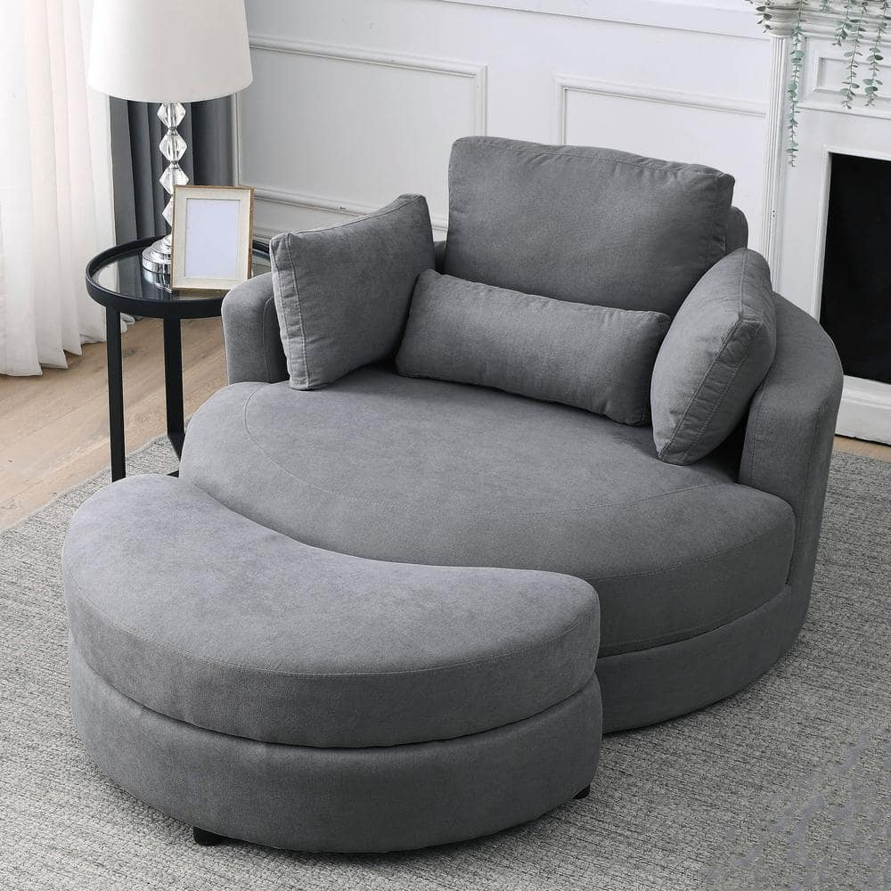 Modern 51" Oversized Swivel Accent Barrel Chair with Storage Ottoman, Club Big Round Cuddle Chair Sofa Lounge for Living Room Hotel Corner Reading (Linen Dark Gray)