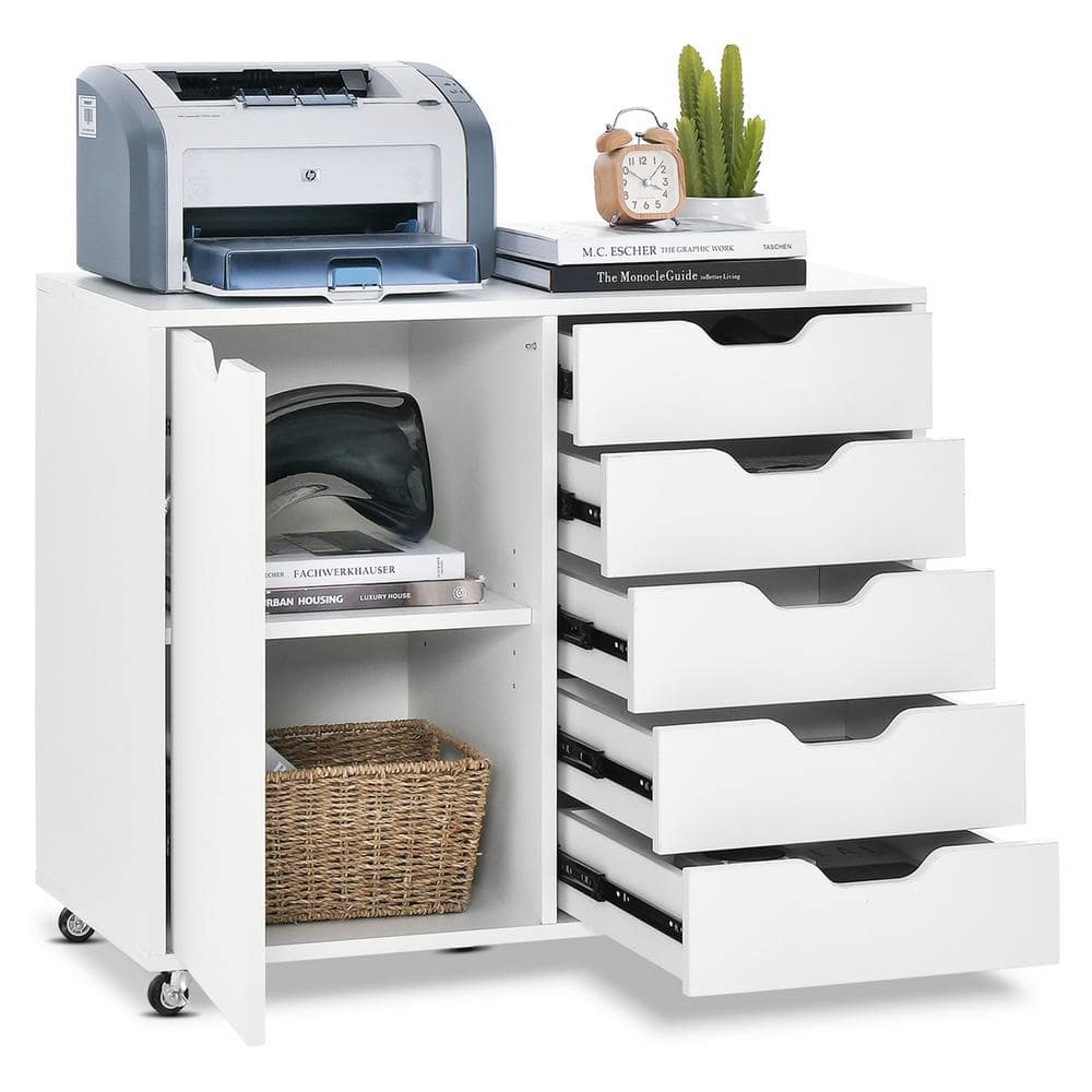5-Drawer Chest with 1 Door, Wooden Chest of Drawers Storage Dresser Cabinet with Wheels, Office Organization and Storage, Bedroom Furniture (White-S)