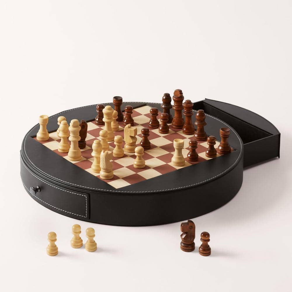 Leather & Wood Chess Set, Black