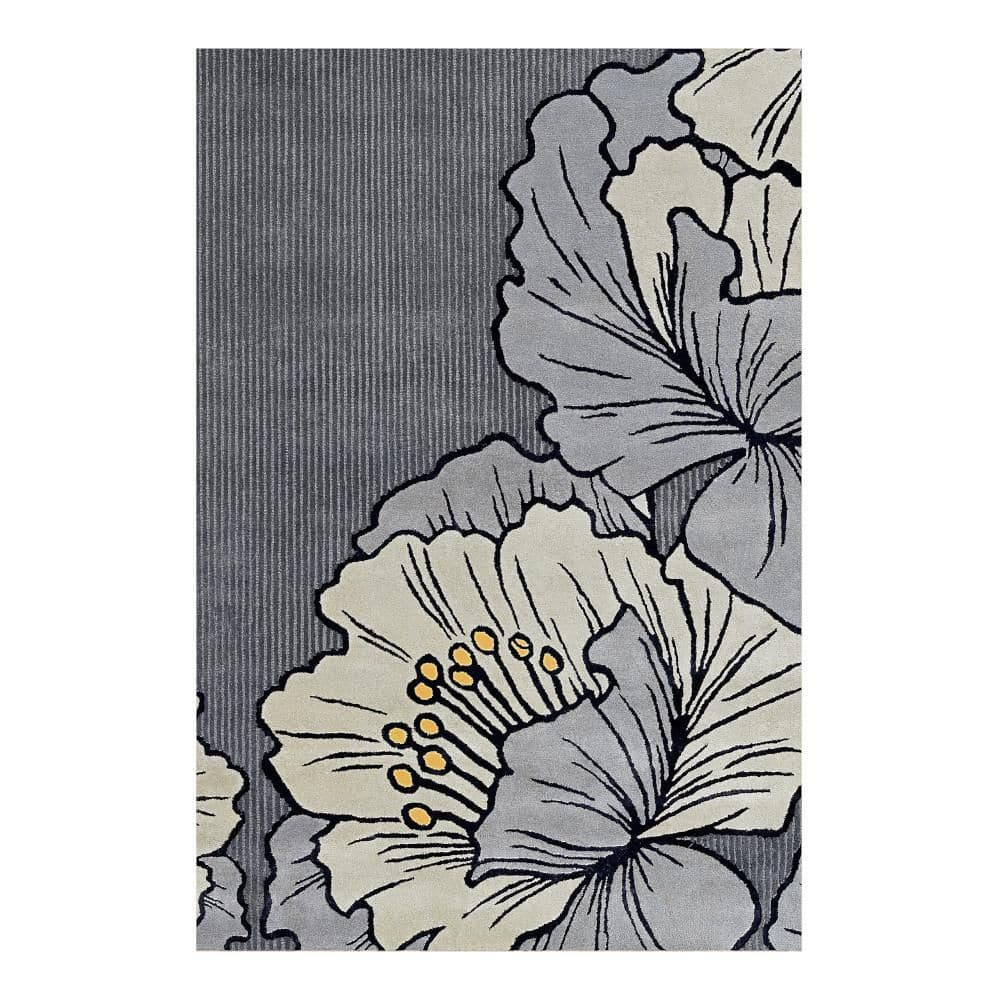 NICOLE MILLER NEW YORK Flora Grandeur Bloom Handcrafted Area Rug, Natural Wool Rug, Bold Floral Rug, Grey, 6'x9'