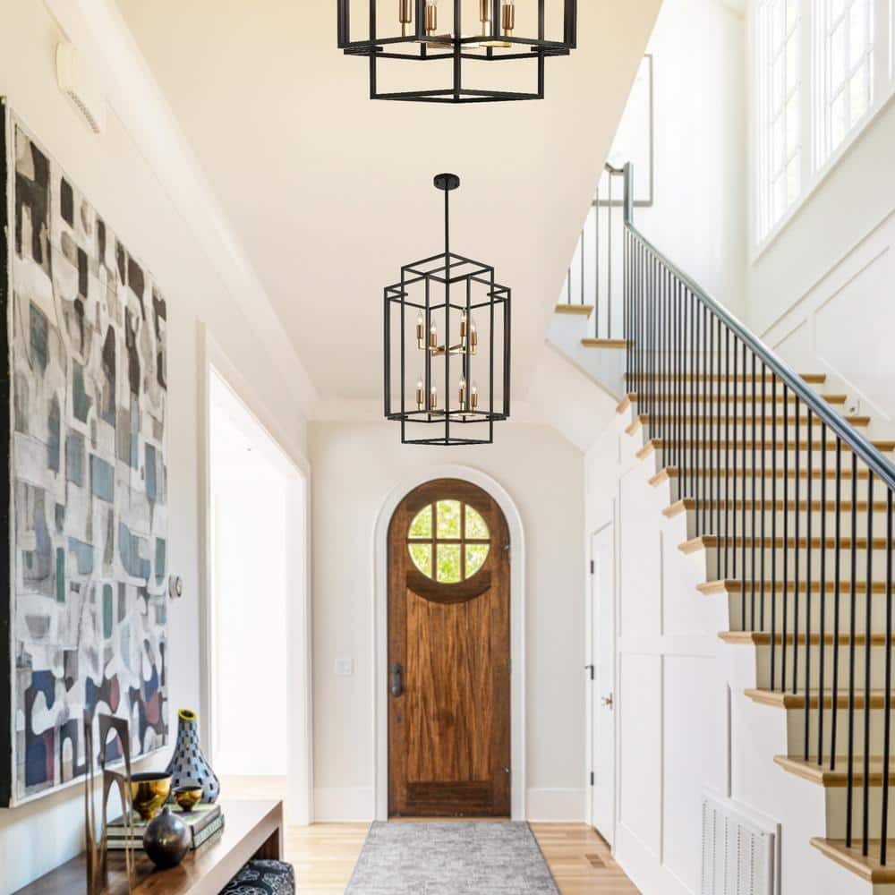8-Light Lantern Tiered Pendant Light Fixtures, Black Metal Farmhouse Chandelier Hall Foyer Hanging Chandelier for Kitchen Island Dining Room Living Room Foyer Entryway, Black+Gold