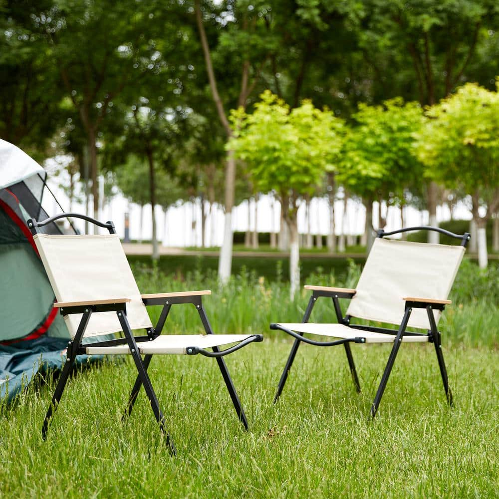 2-Piece Beige Steel Metal Folding Outdoor Lawn Chair for Camping, Picnics, Beach, Backyard, BBQ, Party, Patio