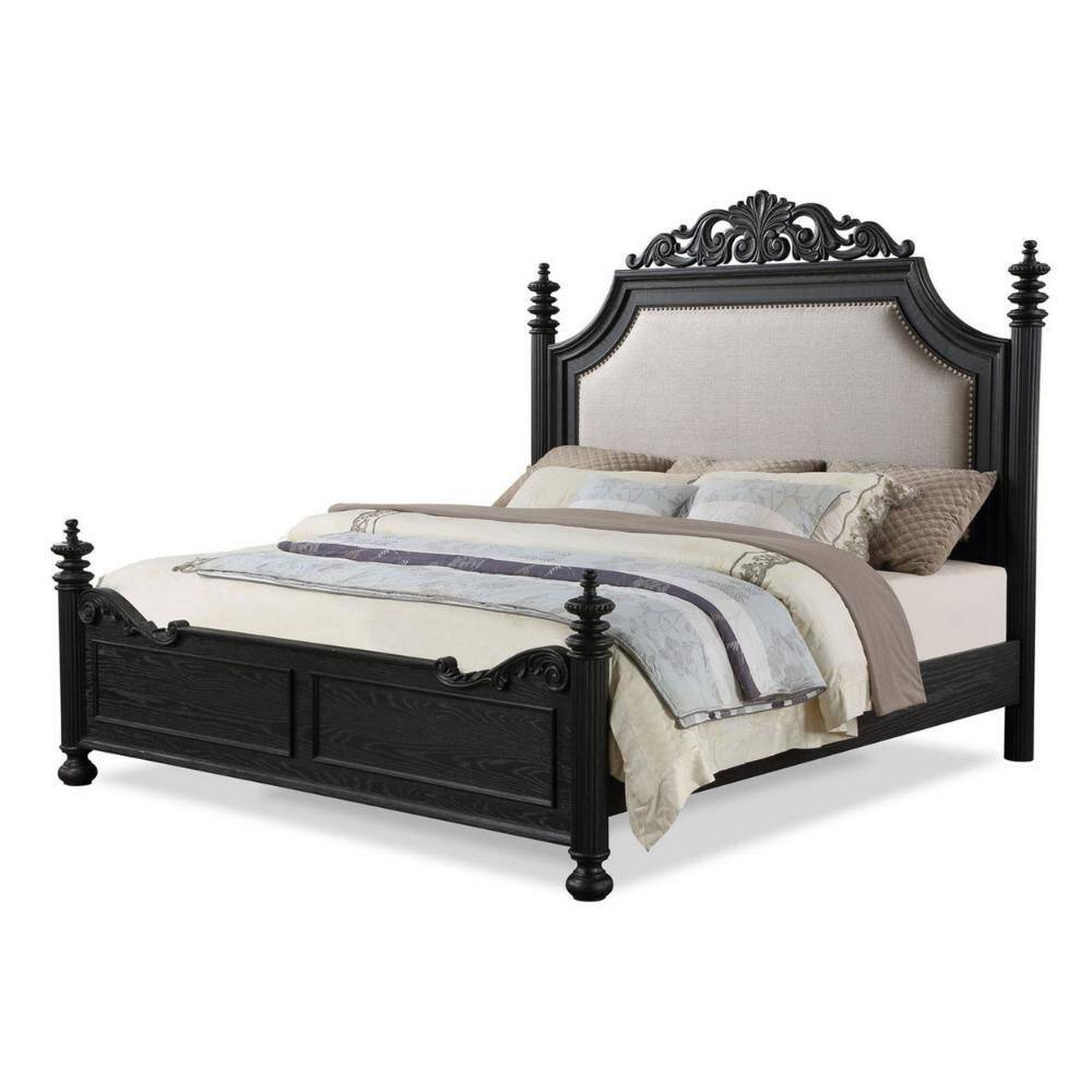 Berry King Black Wood Bed with Cream Upholstered Headboard