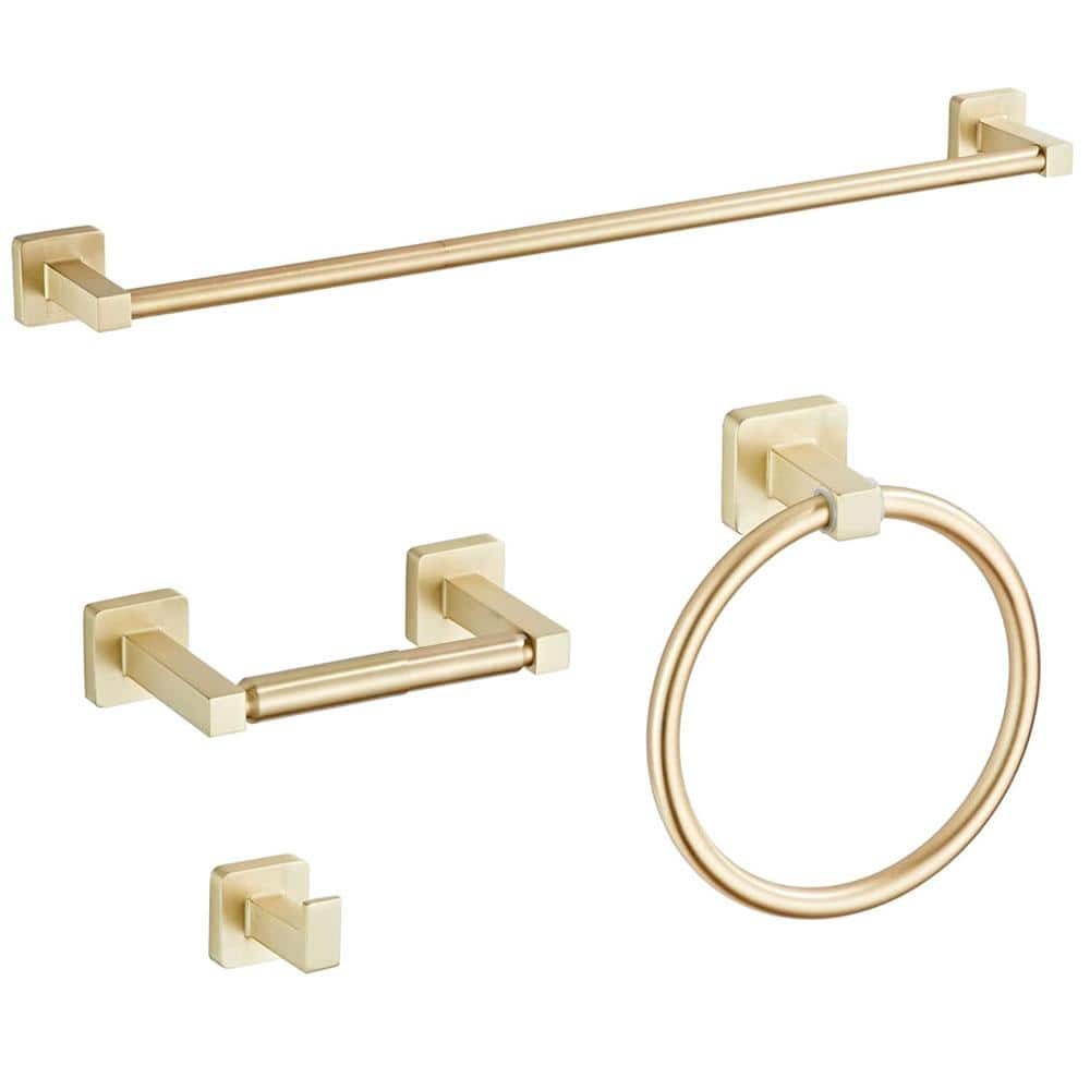 Brushed Gold Bathroom Hardware Set 4 Pieces,Bathroom Accessories Set Stainless Steel Wall Mounted, Hand Towel Bar, Towel Ring, Robe Towel Hooks,Toilet Paper Holder,Towel Bar Set, 23.6 Inch…