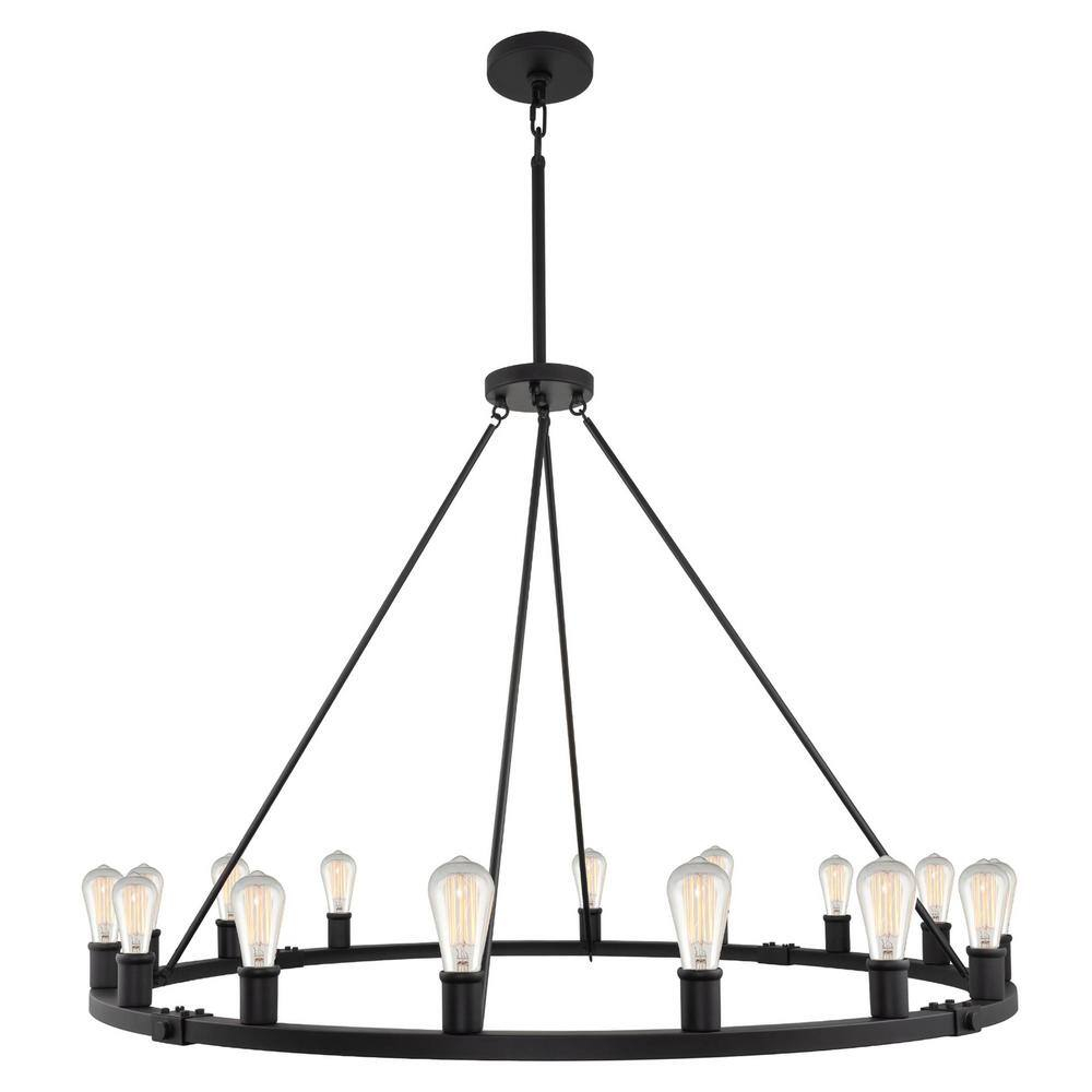 Kira Home Jericho 50" 16-Light Rustic Farmhouse Wagon Wheel Chandelier, Round Kitchen Island Light, Black