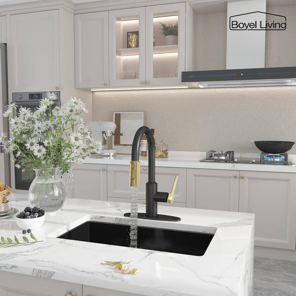 Matte Black and Brushed Gold Stainless Steel Pull Down Kitchen Faucet