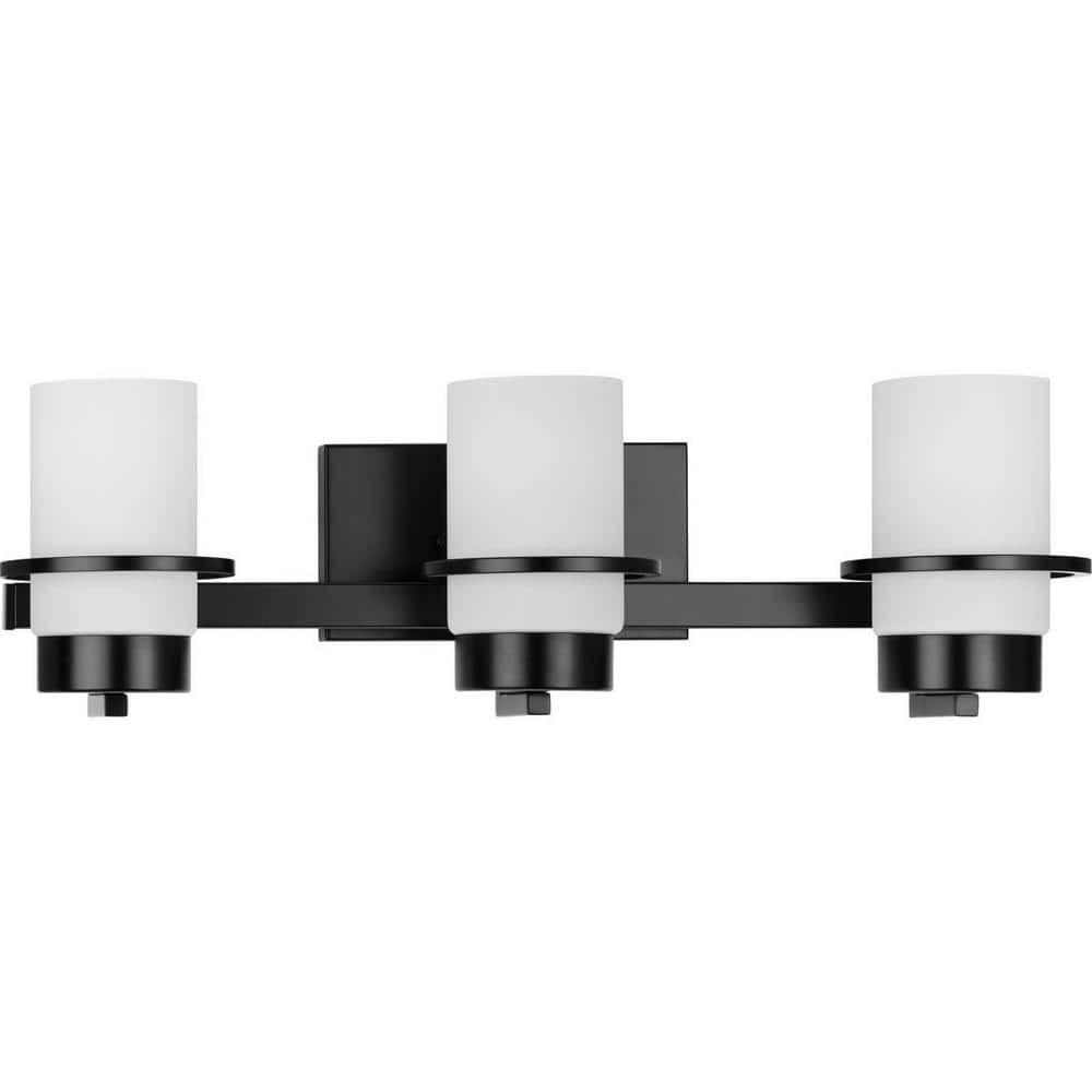 Progress Lighting Reiss 3-Light Vanity Light, Matte Black, White Glass Shade