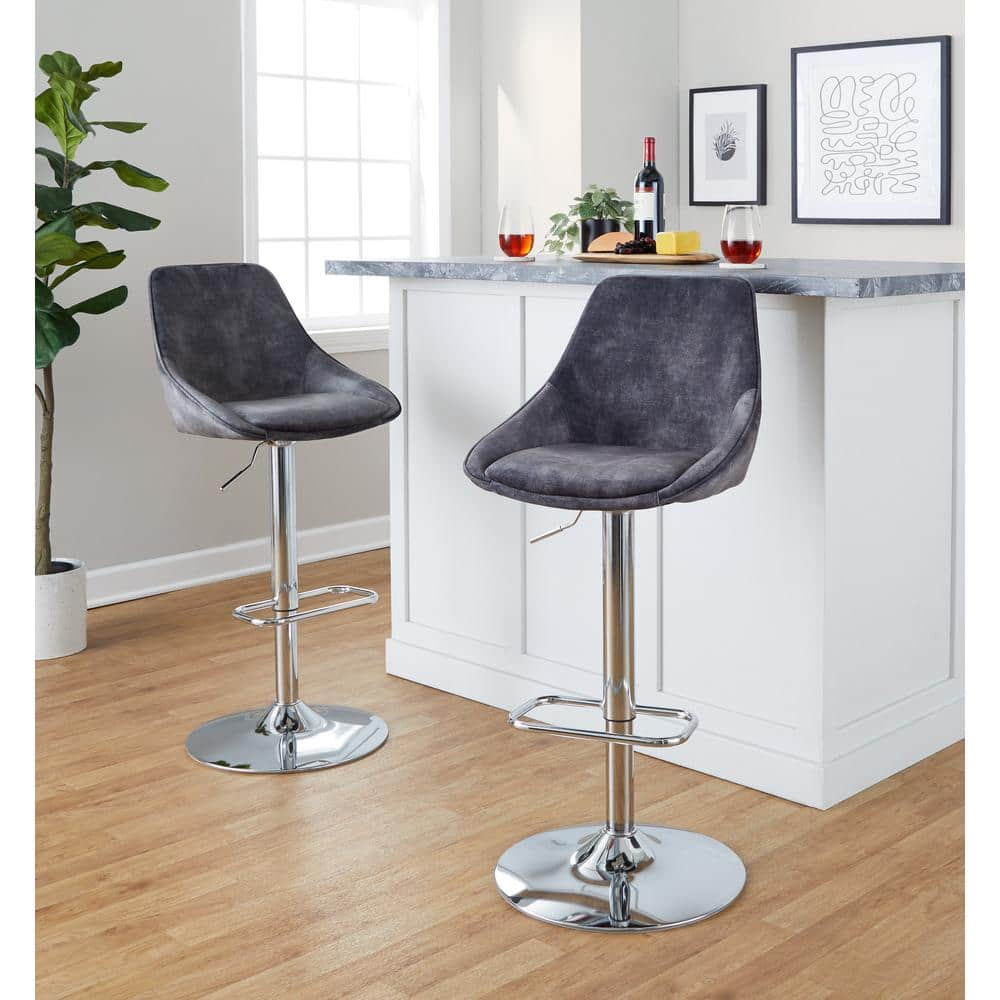 LumiSource Chrome Metal, Grey Velvet Diana Adjustable Barstool - Set of 2
