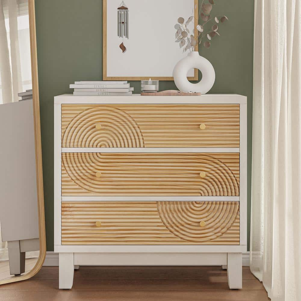COZAYH 3-Drawer Farmhouse Dresser with Handicraft Wood Ring Motif, Fully Assembled Nightstand Wooden Finish for Boho, Mid-century, Rustic Style