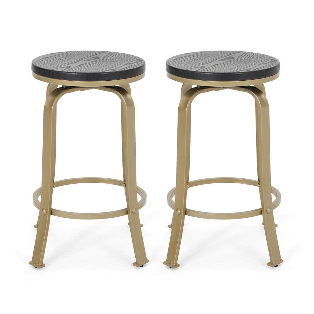 Noble House Salome Modern Industrial Faux Wood Overlay Swiveling Counter Stool, Set of 2, Black and Brass