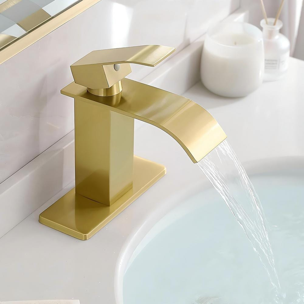 Single Handle Waterfall Spout Single Hole Bathroom Faucet with Deckplate Included and Drain in Brushed Gold