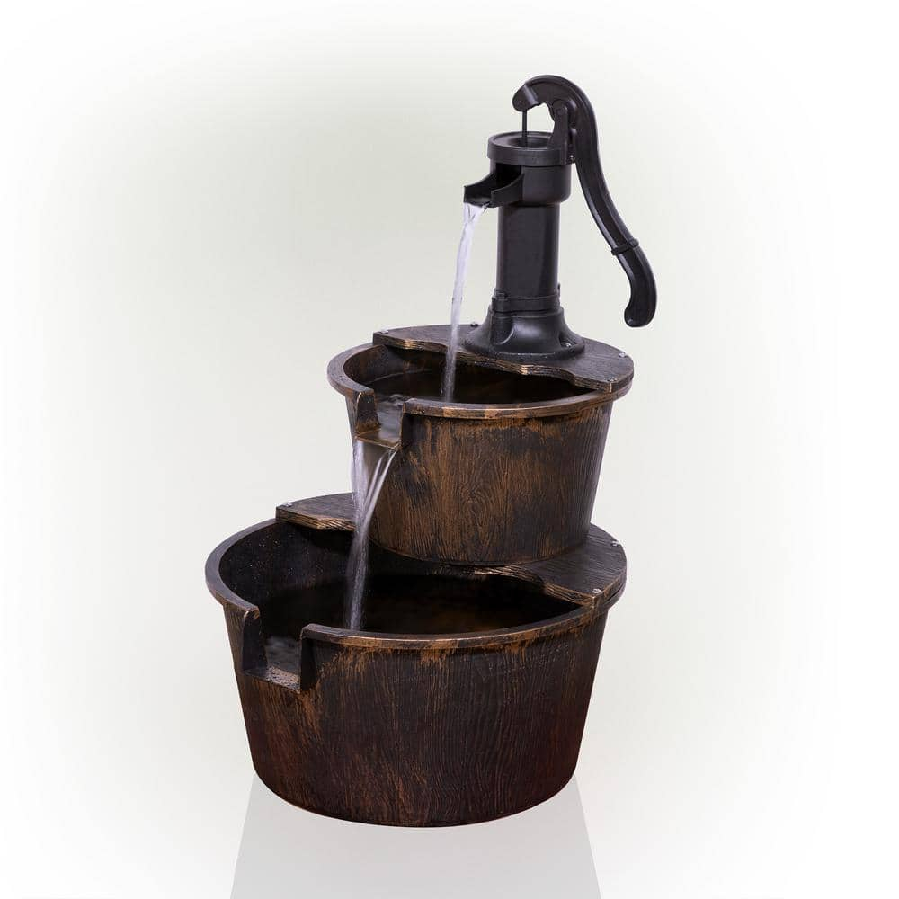 Alpine Corporation 27" Two-Tier Barrel & Pump Outdoor Fountain, Bronze
