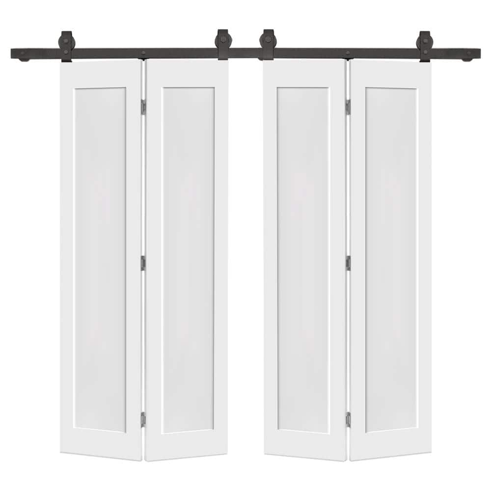 64 in. x 80 in. 1 Panel Shaker Hollow Core White Composite Double Bi-Fold Door with Barn Door Hardware Kit