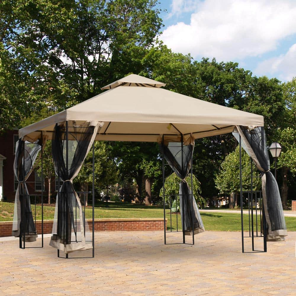 Outsunny 10' x 10' Patio Gazebo with Corner Shelves, Outdoor Gazebo Canopy Shelter with Netting, and Vented Roof, for Garden, Lawn, Backyard and Deck