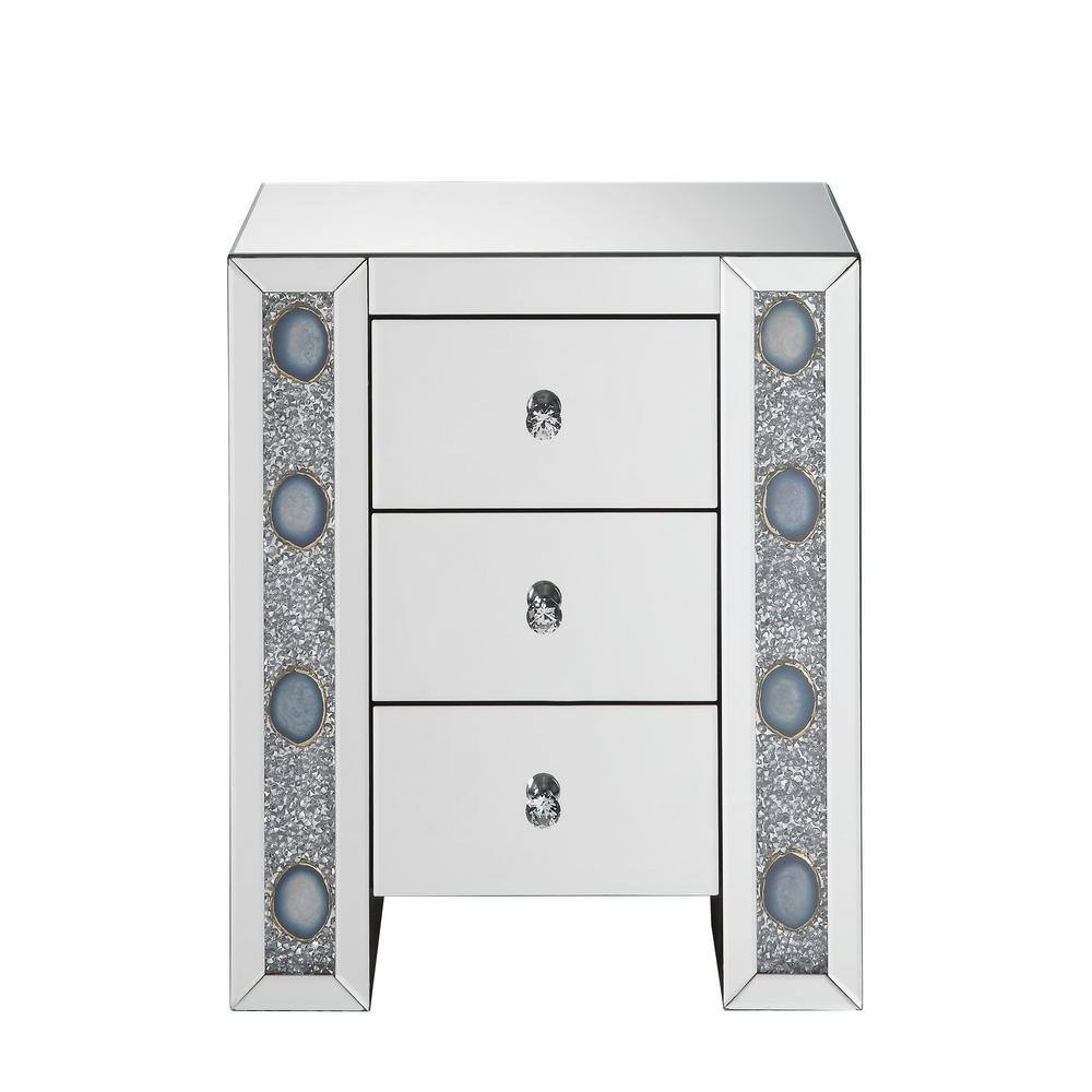 ACME Sonia 3-Drawers Mirror and Wood Nightstand in Mirrored/Faux Agate Stone