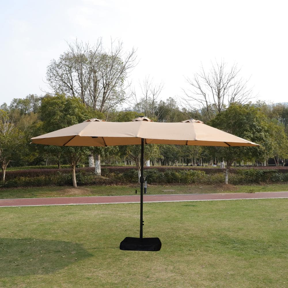 15 ft. Taupe Steel Double-Sided Market Patio Umbrella with Lights