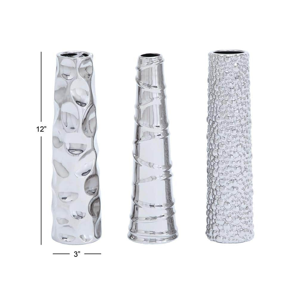 DecMode 12"H, 3"W Silver Ceramic Vase with Varying Patterns, Set of 3