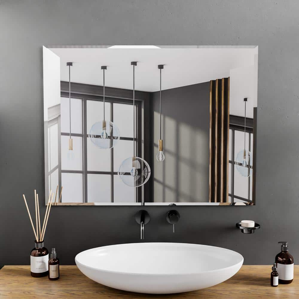 36"X48" inch Clear Rectangle Beveled Polish Frameless Wall Mirror with Hooks