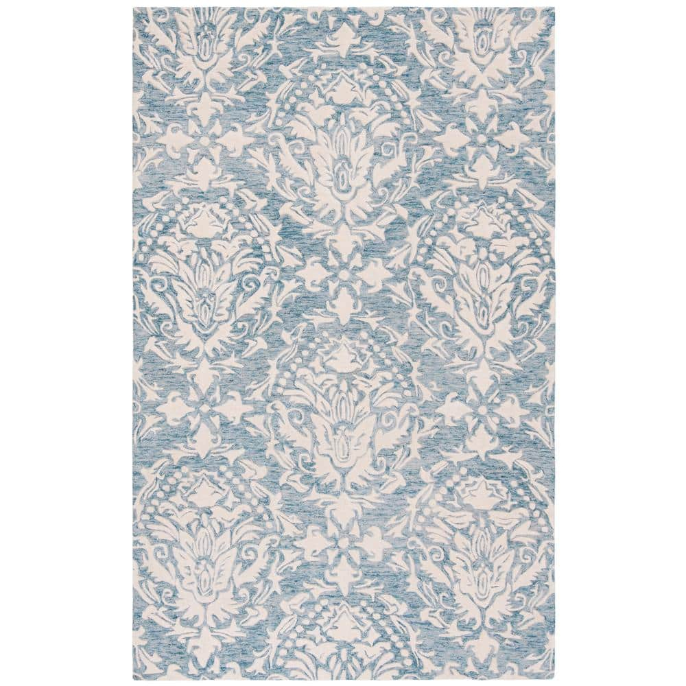 SAFAVIEH Blossom Kestrel Damask Wool Area Rug, Blue/Ivory, 4' x 6'