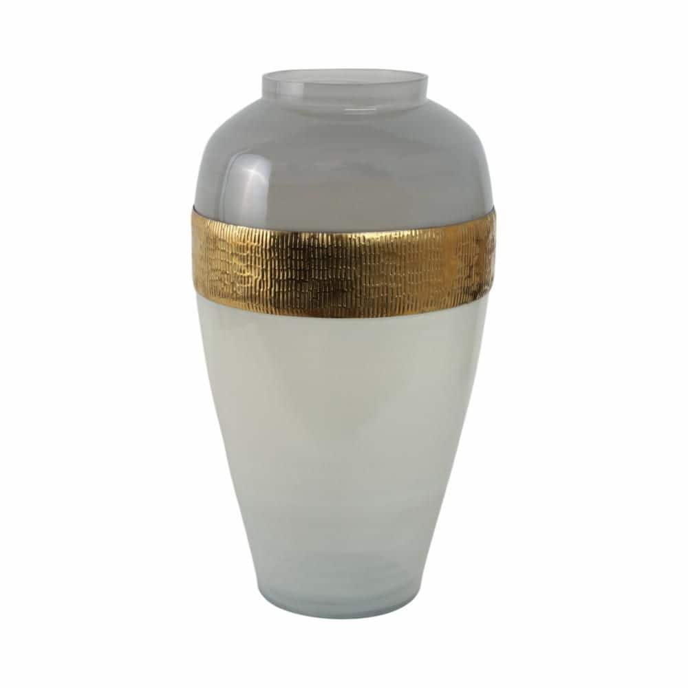 Sagebrook Home Glass 21"h Ginger Vase with  Brass Band, White