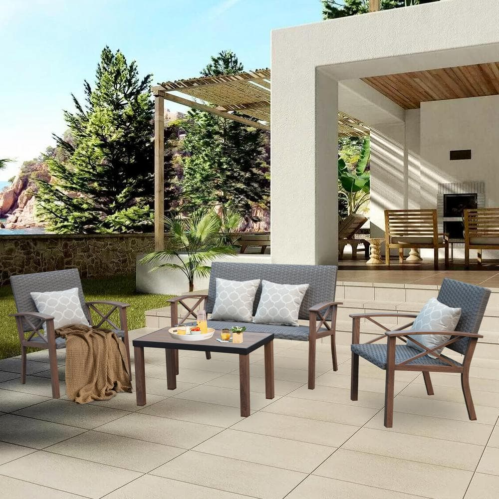 Domi Aluminum Patio Furniture Set, 4-Piece Modern Conversation Set with Cotton Padding Backrests and Seats, Outdoor Sectional Metal Sofa Set with 5.5 Inch Cushion and Coffee Table for Balcony, Garden